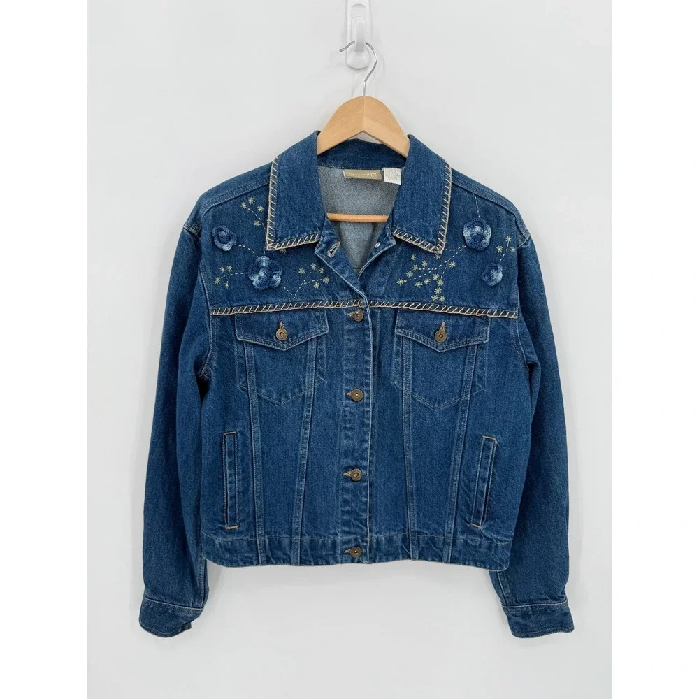 VintageLiz Claiborne Womens Embroidered Dark Denim Jacket Size Medium Cottage - Picture 1 of 10
